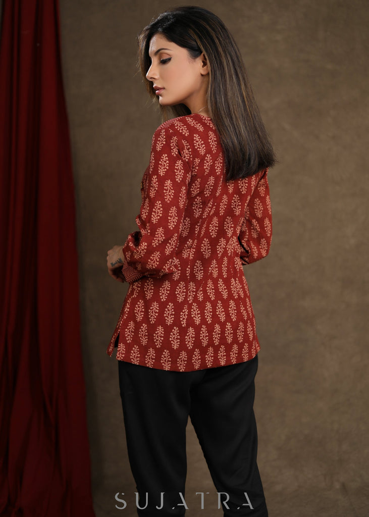 Trendy Maroon Cotton Ajrakh Combination Top with cuff sleeves