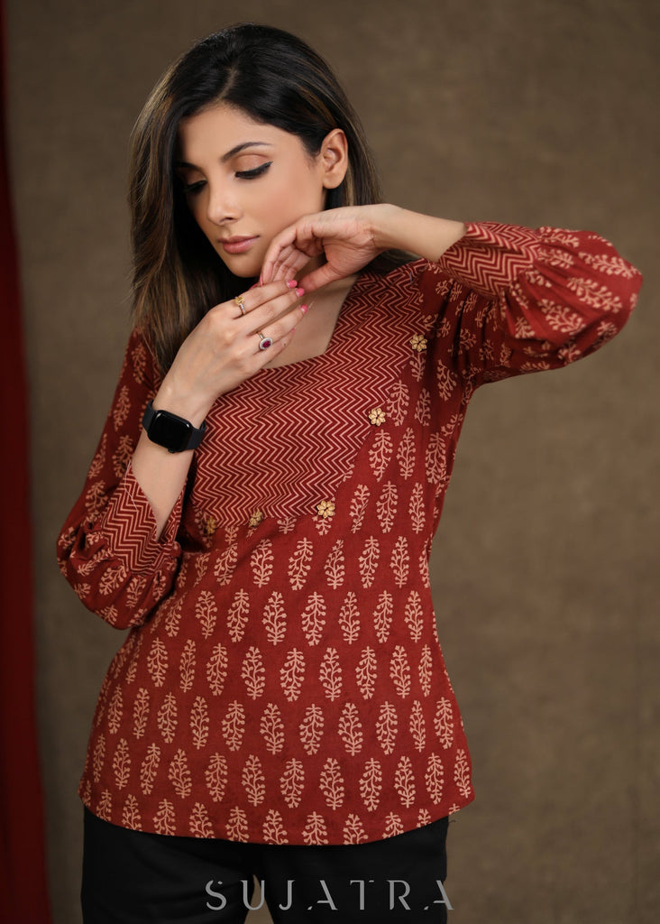 Trendy Maroon Cotton Ajrakh Combination Top with cuff sleeves