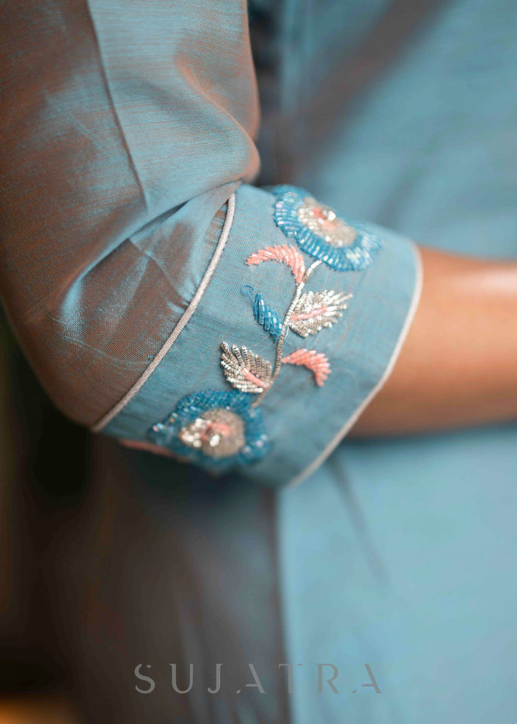 Beautiful Firozi Blue Chanderi Pant &Kurta With Glass Beadwork On Neckline & Sleeves -  Dupatta Optional