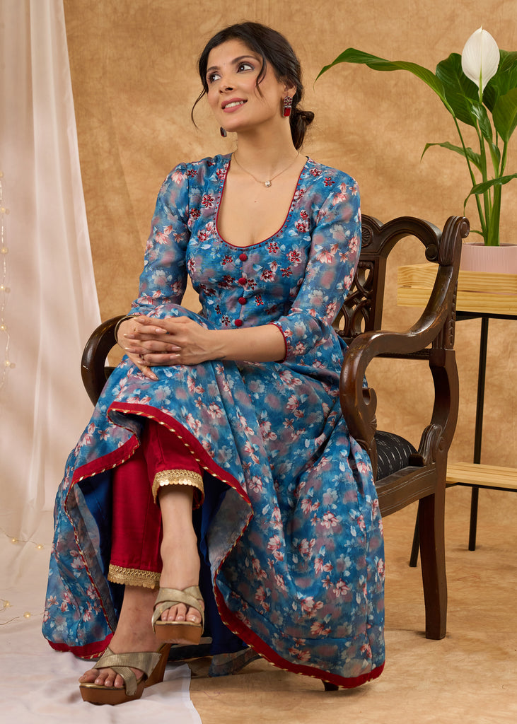 Elegant and smart printed chanderi flared kurta Pant optional