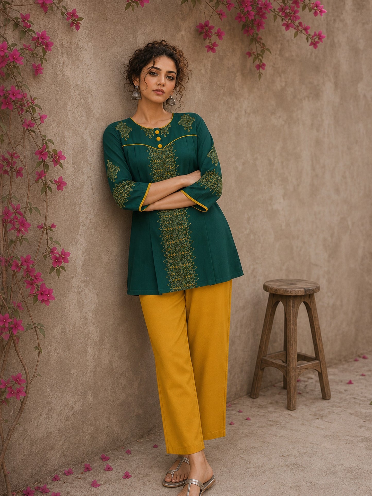 Vibrant mustard cotton pants offering breathable comfort, relaxed movement, and effortless everyday styling versatility.