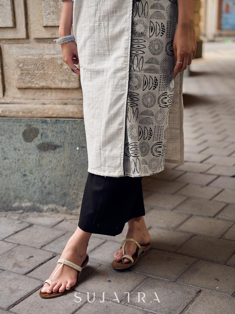 Minimal White Straight Kurta with Monochrome Printed Angrakha Panel & Printed Cuffs