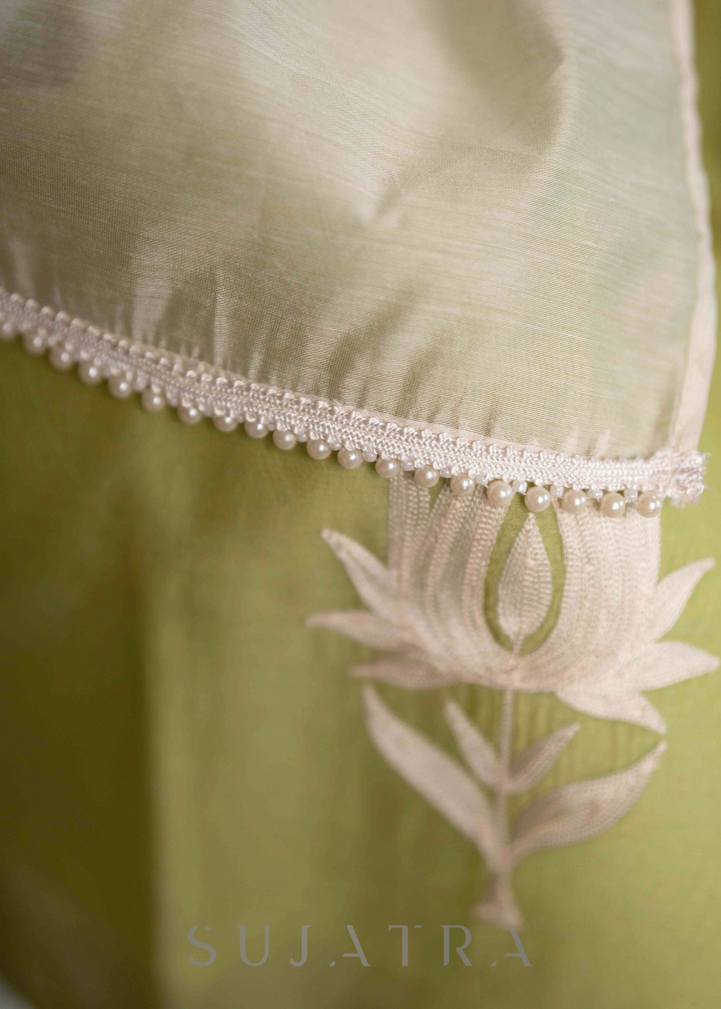 Elegant Lemon Chanderi Kurta With Off White Lotus Embroidery On Hemline & Sleeves