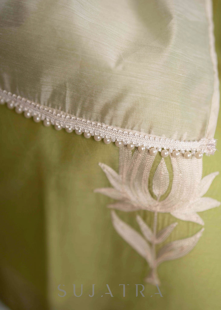Elegant Lemon Chanderi Pant & Kurta With Off White Lotus Embroidery On Hemline & Sleeves - Dupatta Optional