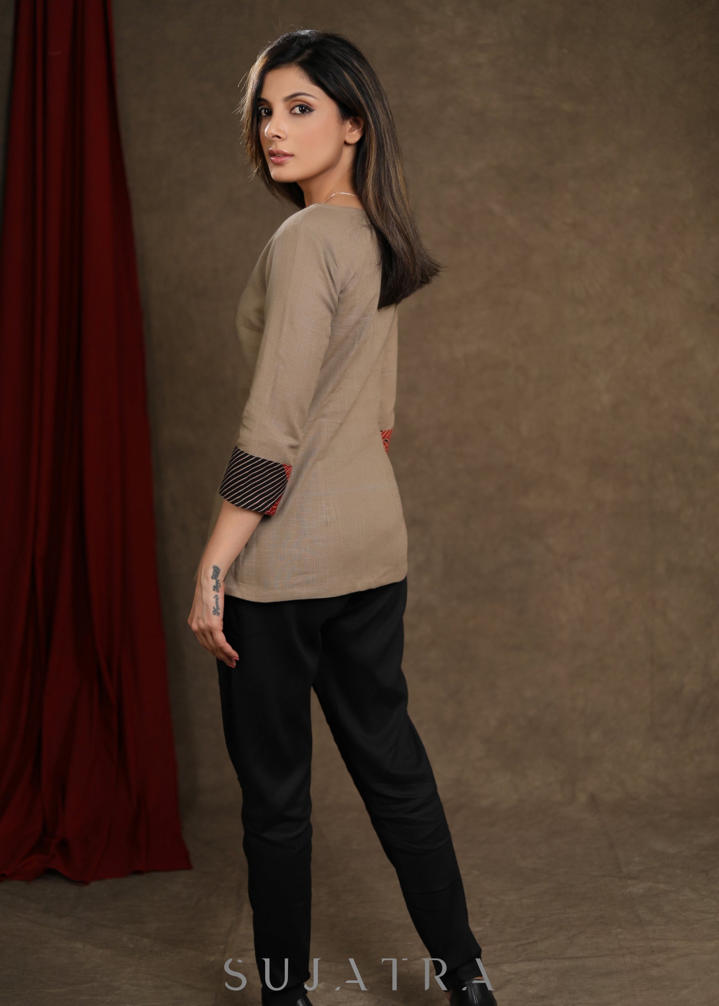 Trendy Ajrakh Patchwork Combination Beige Cotton Top