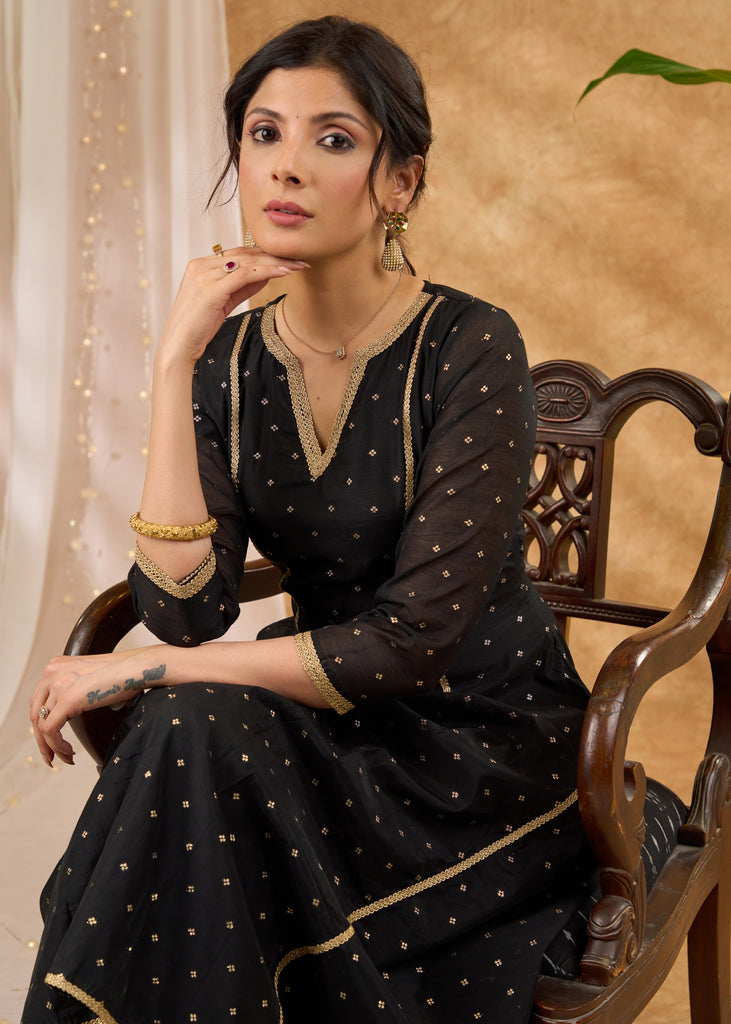 Standout black chanderi with gold embellished A line kurta Pant optional