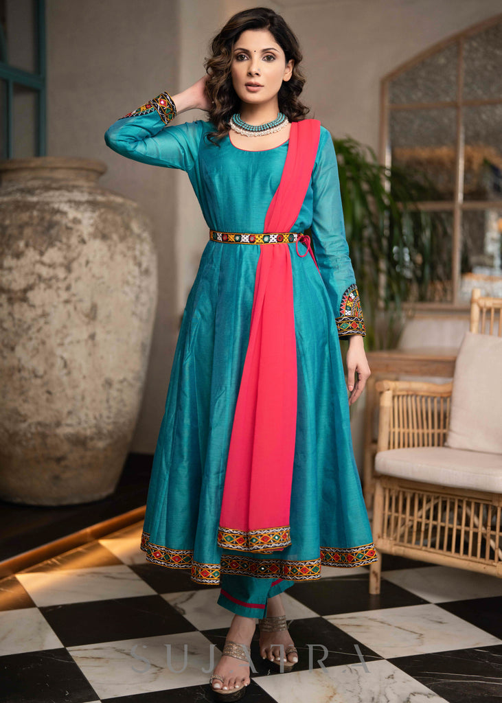 Beautiful Turquoise Chanderi Anarkali Kurta With Mirror Borders & Pant - Dupatta Optional