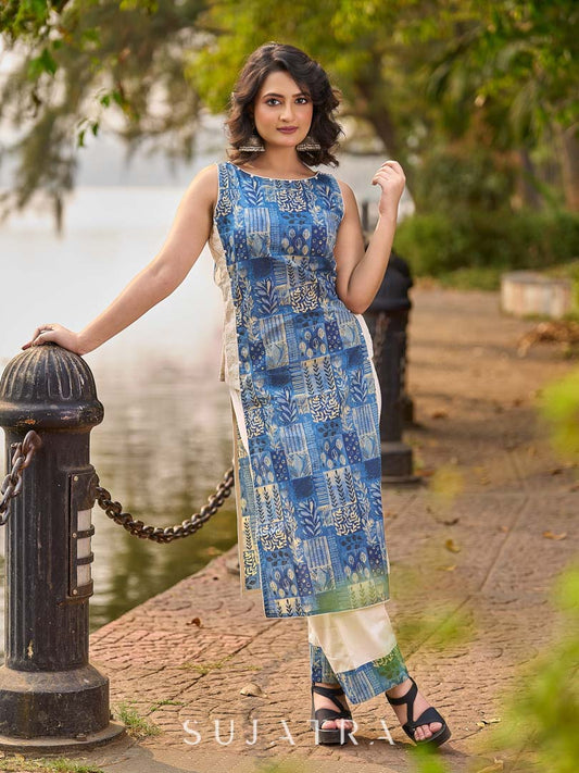 Indigo Abstract Printed Kurta with Side Cut Panels, Hakoba Inserts and Pearl Embellishments