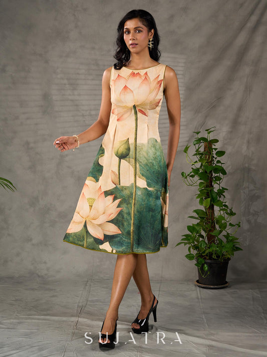 Statement Cream lotus motif dress with earthy olive accents.