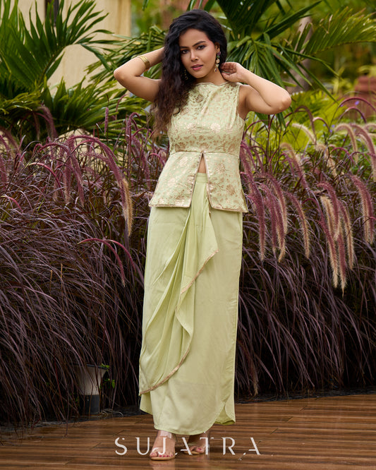 Pastel Green Festive Drape Skirt with Brocade Top