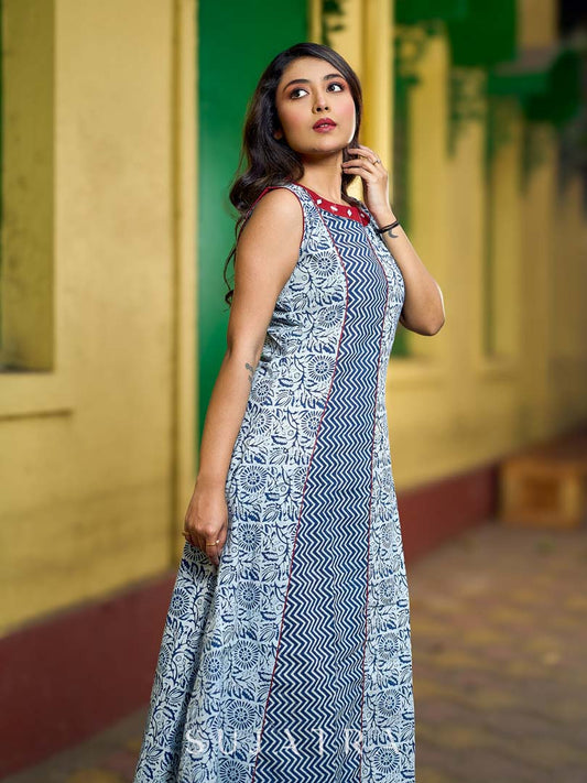 Indigo Alternating Kali Kurta with Floral & Zigzag Prints, Maroon Accents and Handcrafted Mirror Work