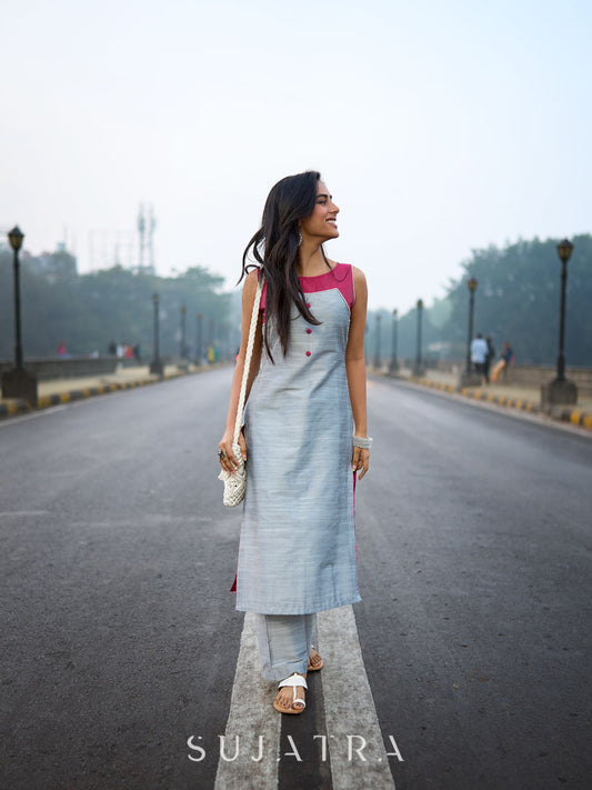Grey Cotton Silk Sleeveless Kurta with Rose Pink Yoke and Button Detail