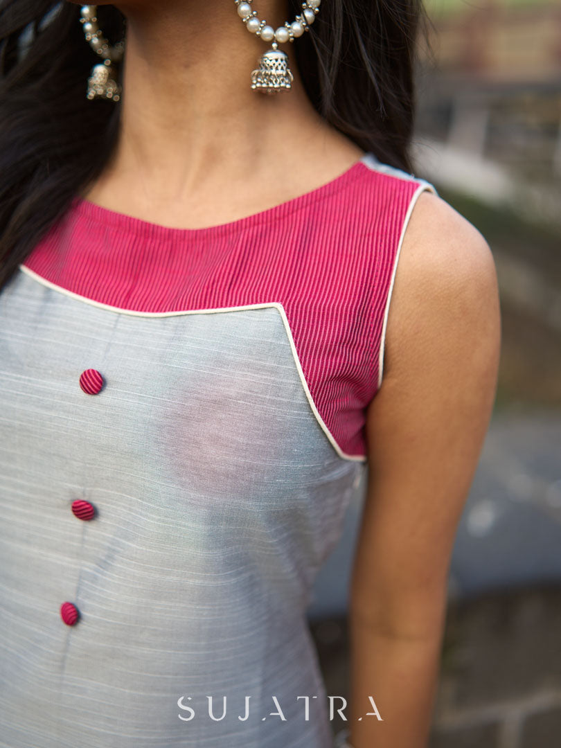 Grey Cotton Silk Sleeveless Kurta with Rose Pink Yoke and Button Detail