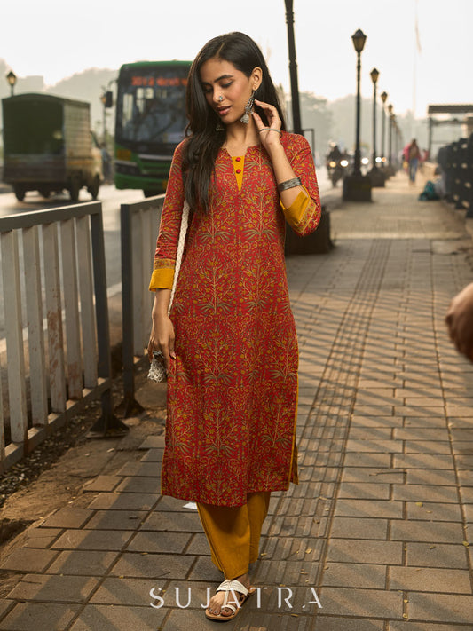 Red Cotton Printed Kurta with Highlighted Neckline and Border Cuff Details