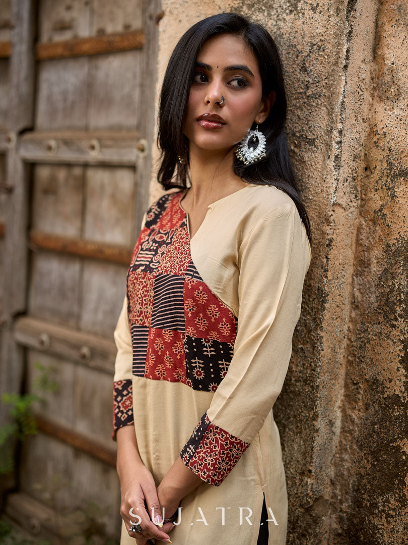 Beige Rayon Kurta With Ajrakh Patchwork Printed Yoke And Contrast Sleeve Borders
