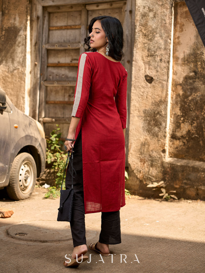 Maroon Cotton Kurti with Contemporary Geometric Print Yoke & Sleeves