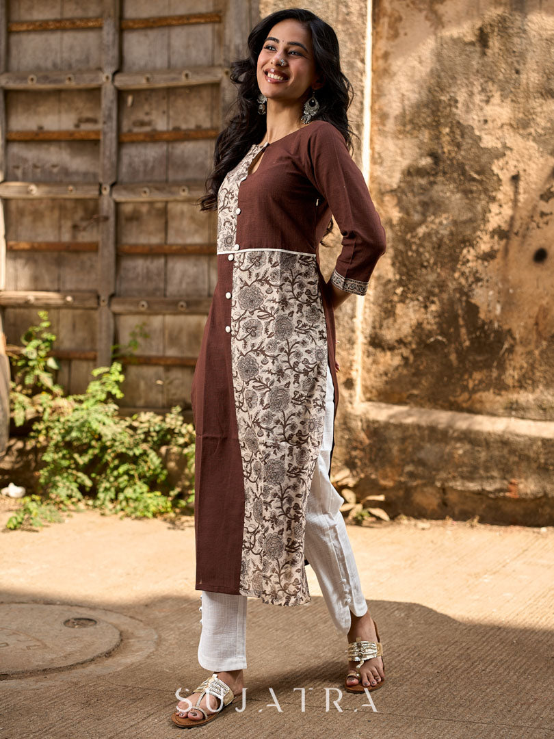 Dark Brown Cotton Straight Kurta with Floral Printed Panel and Contrast Border Sleeves
