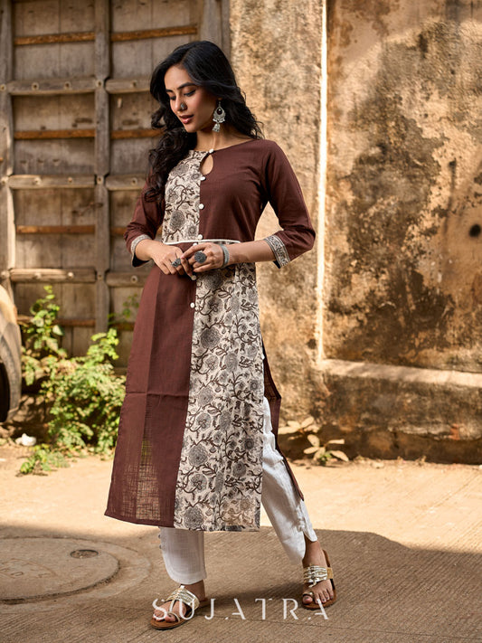 Dark Brown Cotton Straight Kurta with Floral Printed Panel and Contrast Border Sleeves