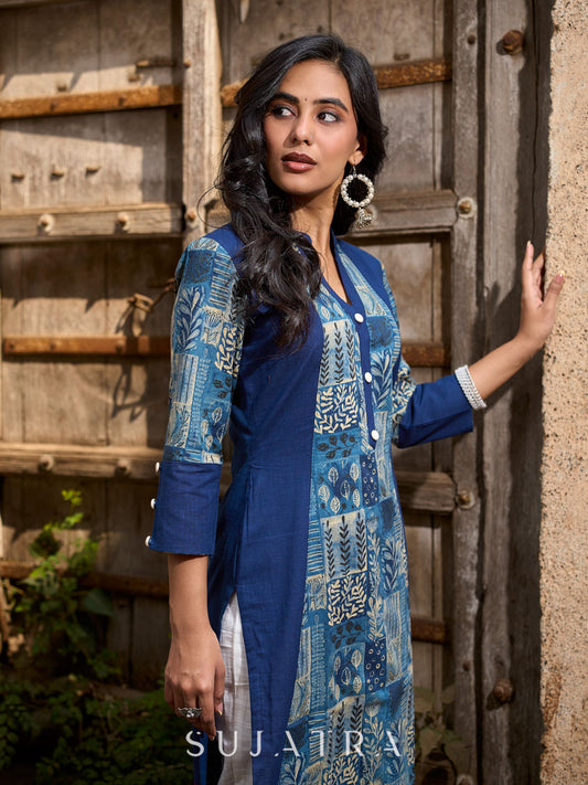Stylish Navy Blue Cotton Kurta with Contemporary Printed Panel