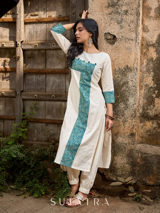 Off White Cotton Flex Kurta with Contrasting Teal Combination Yoke