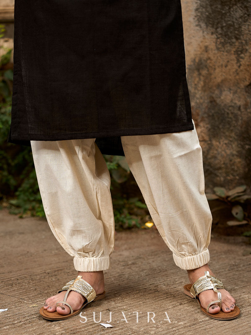 Black Cotton Contemporary Kurta with Printed Yoke and Contrast Accents