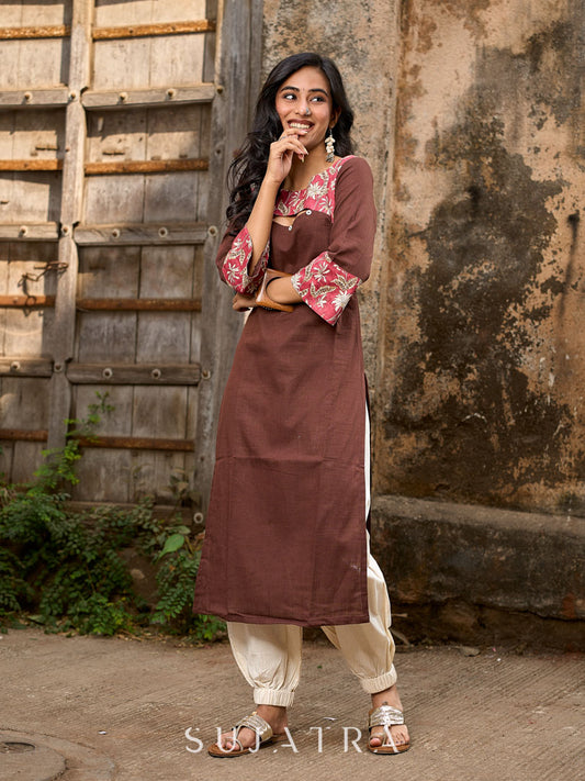 Chic Brown Cotton Kurta with Pink Floral Printed Yoke & Cuffed Flared Sleeves