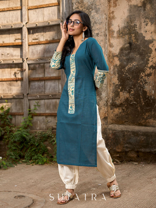 Artful Teal Cotton Kurta Featuring Madhubani Panel Yoke & Cuff Highlights