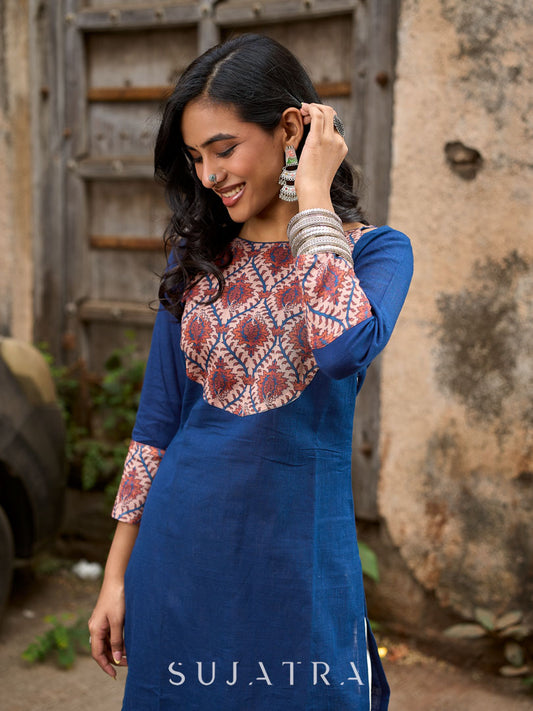 Elegant Navy Blue Cotton Kurta with Vibrant Printed Yoke & Statement Neckline