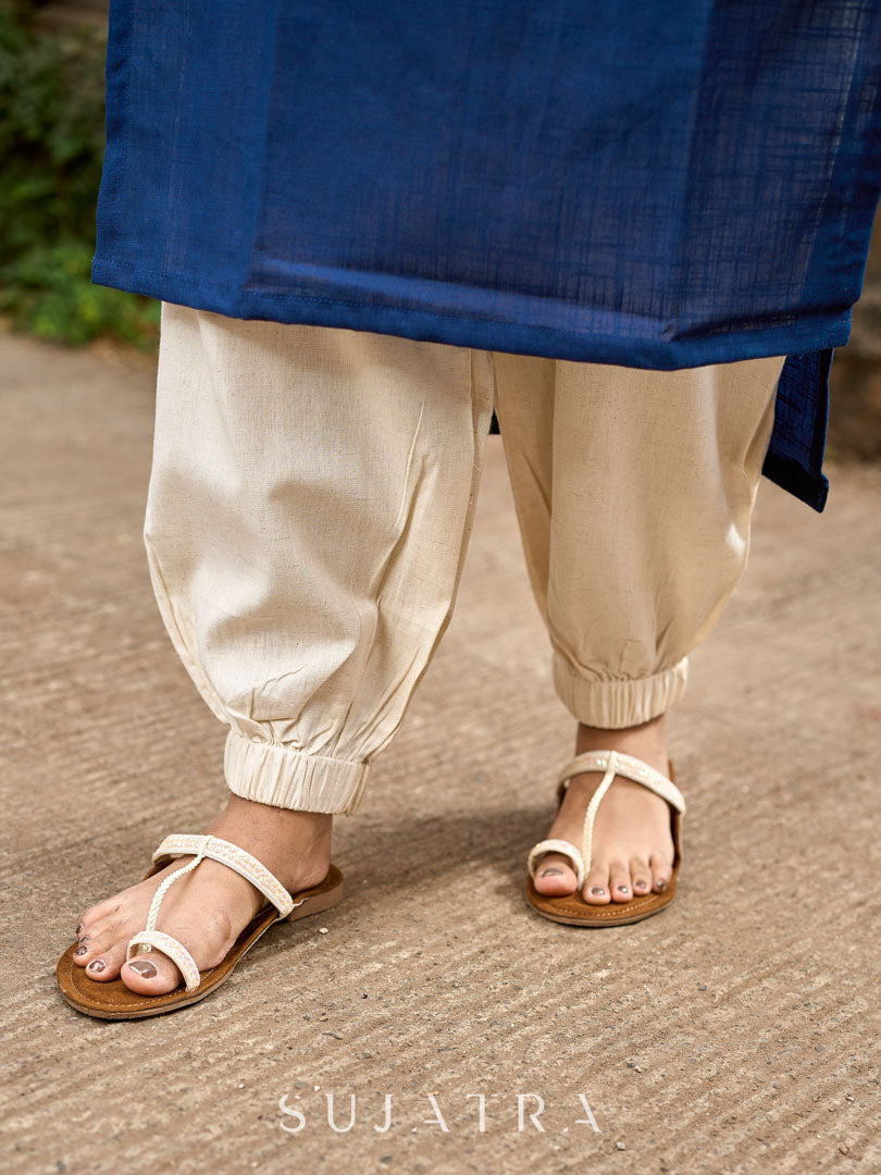 Elegant Navy Blue Cotton Kurta with Vibrant Printed Yoke & Statement Neckline