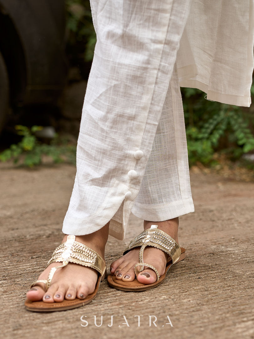 Chic White Cotton Straight Kurta with Pink Striped Front Panel & Sleeve