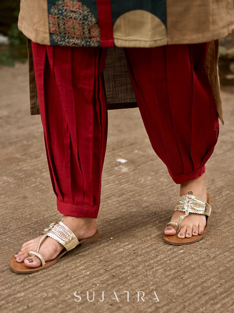 Maroon Minimal Style Cotton Pant with Front Pleats and Relaxed Fit