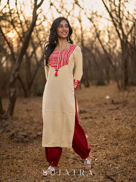 Graceful Light Beige Rayon Kurta with Maroon Striped Yoke & Floral Sleeves