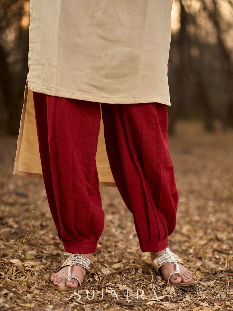 Graceful Light Beige Rayon Kurta with Maroon Striped Yoke & Floral Sleeves