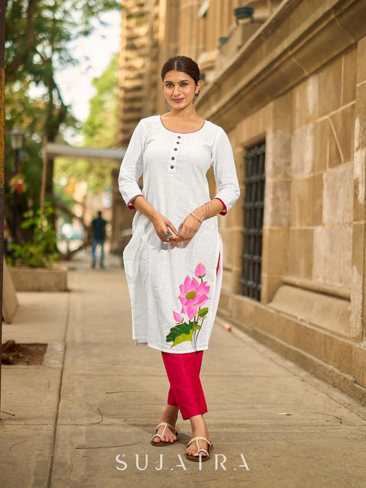 Blooming White Cotton Kurta with Signature Pichwai Hand Painted Pink Lotus & Contrast Trim Detail