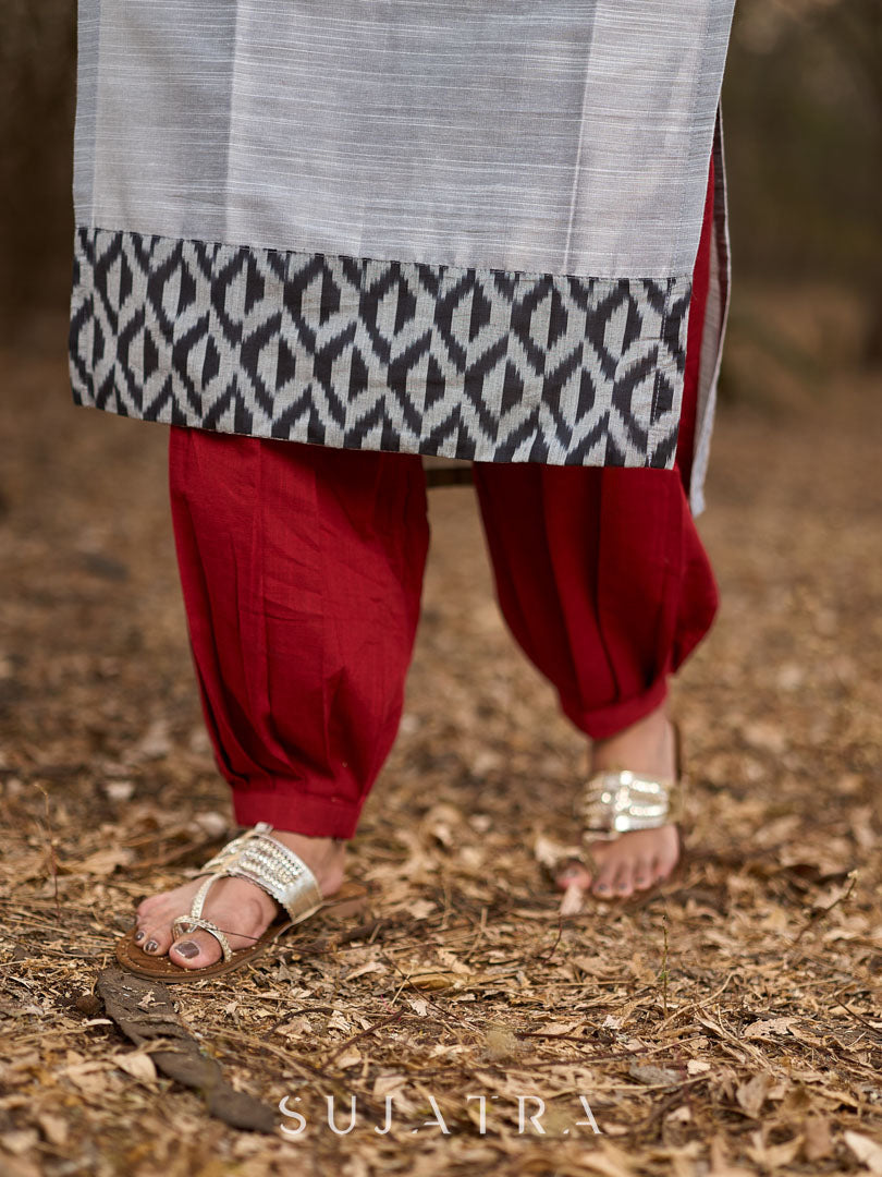 Timeless Grey Cotton Silk Kurta with Keyhole Neckline, Ikat Hem & Cuff Design