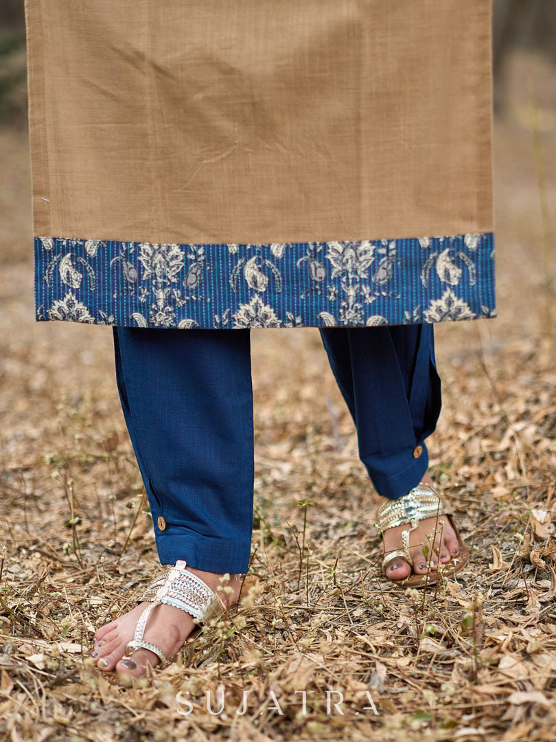 Refined Sandy Beige Cotton Kurta Featuring Contrasting Kantha Printed Collar, Cuff Details & Hem Border