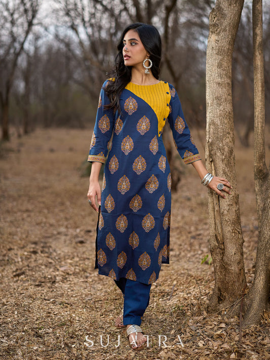 Navy Blue Cotton Kurta with Contrast Mustard Yoke and Printed Buttas