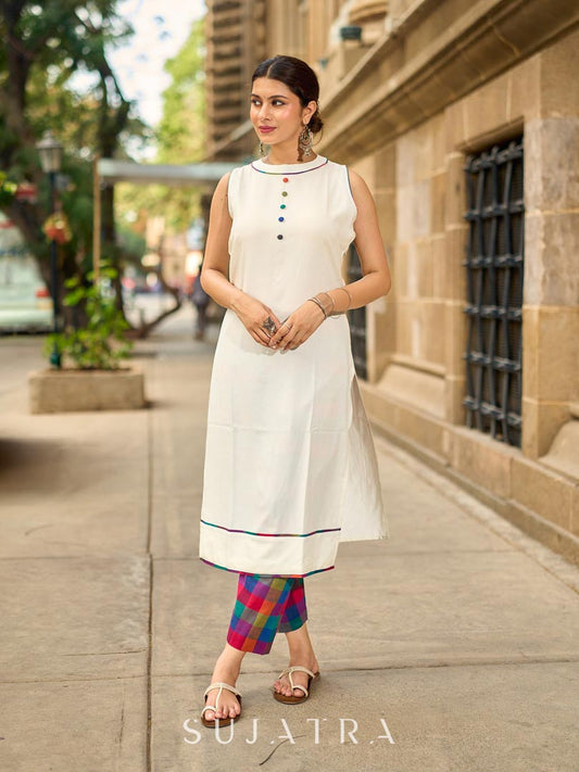 Pristine Off-White Sleeveless Halter Neck Kurta with Vibrant Multicolor Buttons & Hem Trim