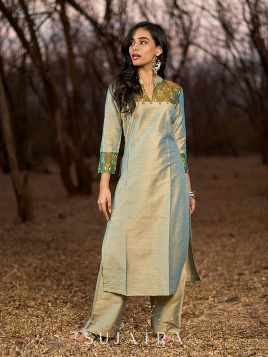 Exquisite Light Olive Cotton Silk Kurta with Ikat Accents