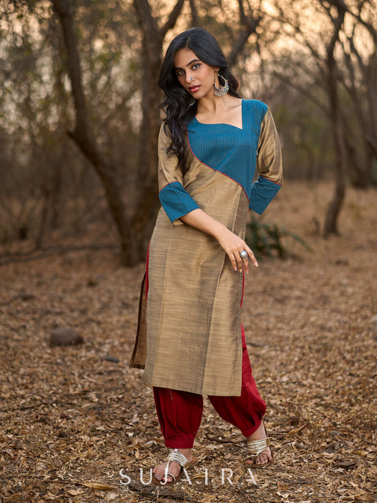 Gold Cotton Silk Kurta with Contrasting Asymmetrical Striped Yoke & Sleeve