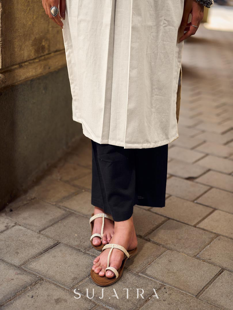 Timeless Off-White Cotton Kurta Featuring Hand Painted Warli Folk Art Yoke & Cuff Band