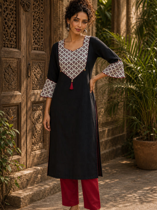 Black Cotton Kurta with Ajrakh Printed Yoke & Matching Cuffs with Minimal Embellishment