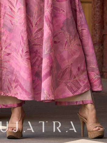 Graceful cream cotton-silk pants with a gentle lavender border accent.
