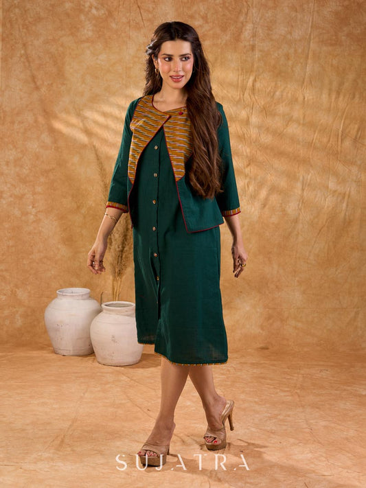 Sophisticated bottle green and mustard Ikat jacket featuring an overlapping neckline closure, front-open design, and rich maroon accents, offering a composed, tailored silhouette for corporate wear.