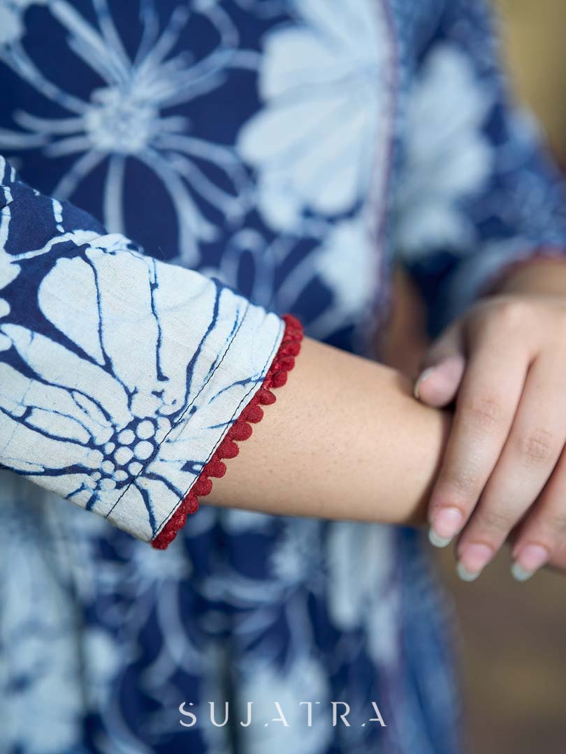 Contemporary Indigo Kurta Featuring Floral & Stripe Panels, Maroon Highlights and Asymmetric Gathered Yoke