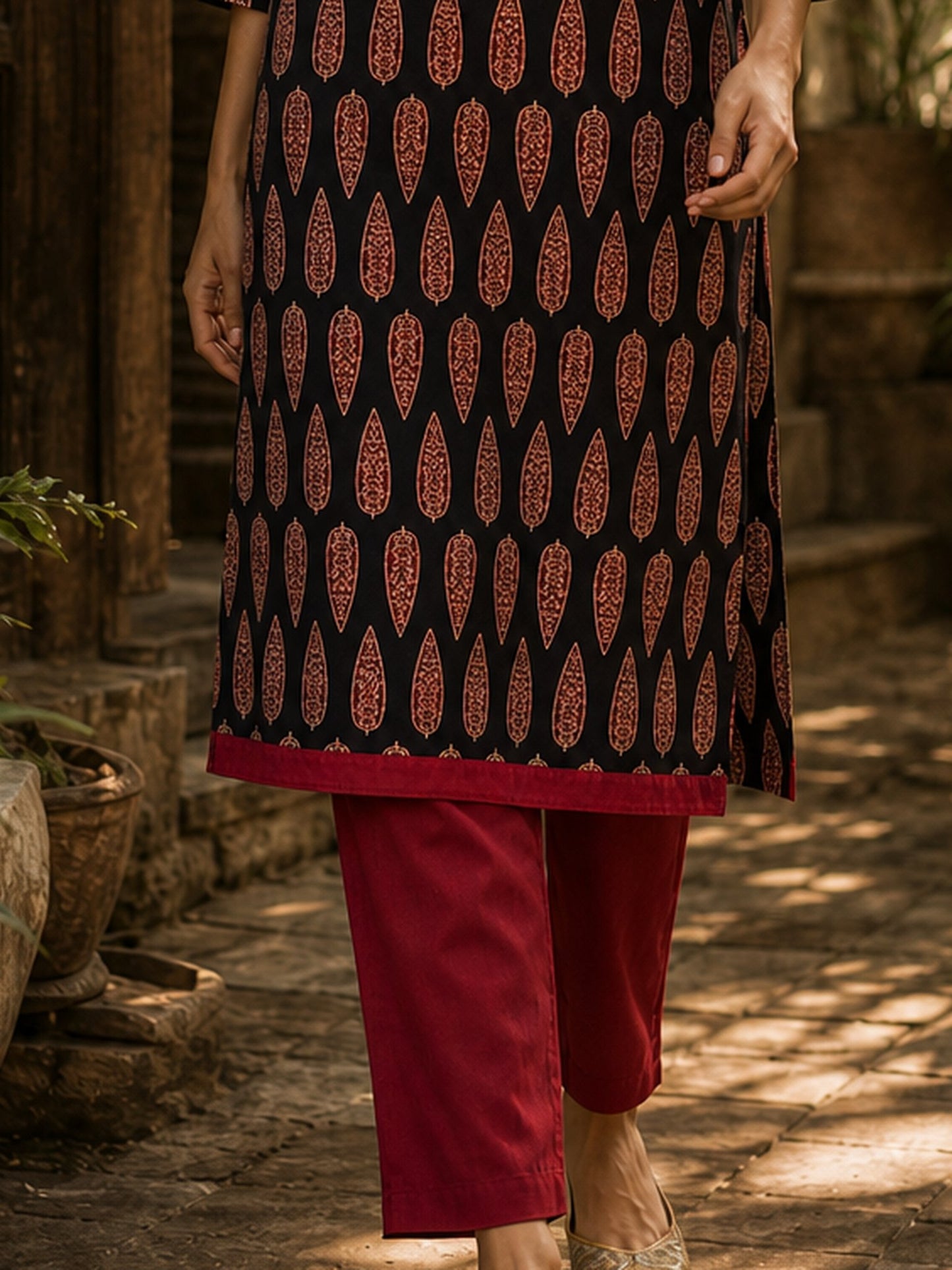 Structured Maroon Cotton Straight Cut Pant