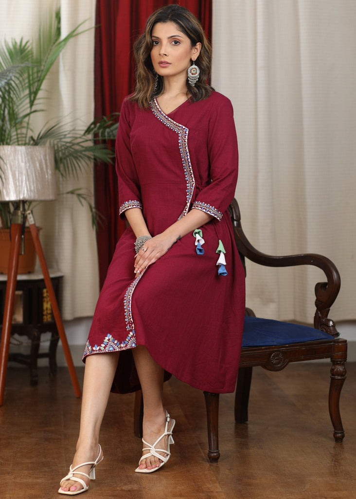 Beautiful maroon overlap dress with intricate embroidery