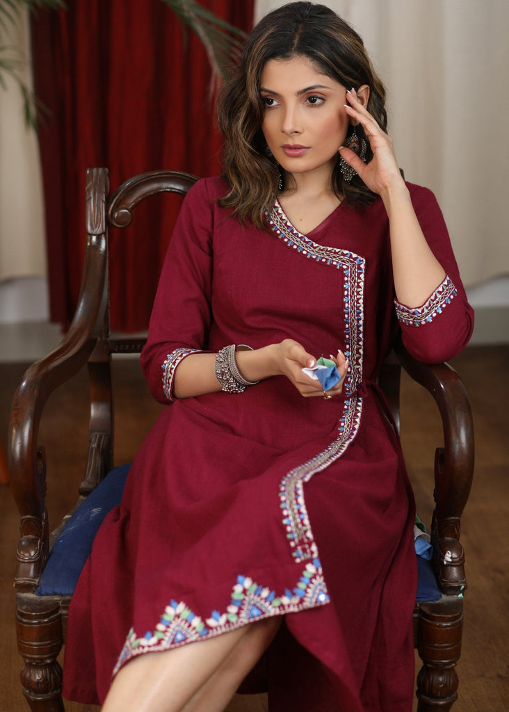 Beautiful maroon overlap dress with intricate embroidery
