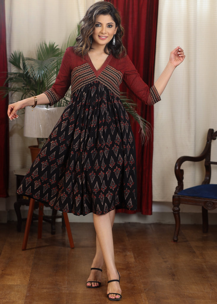 Beautiful V neck black and maroon ajrakh combination gathered dress