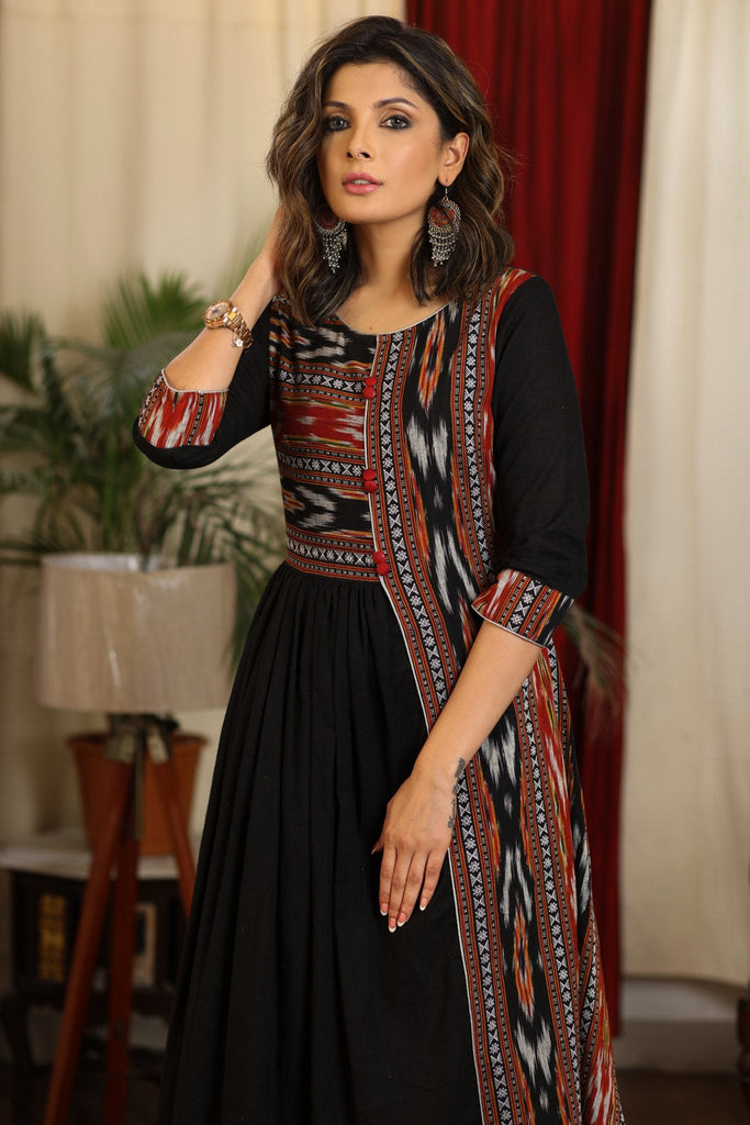 Elegant gathered black cotton dress with ikat combination